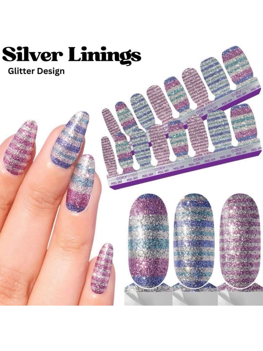 *Exclusive* Color Street: Silver Linings | Stripes Glitter Blue Turquoise Pink - Picture 10 of 10